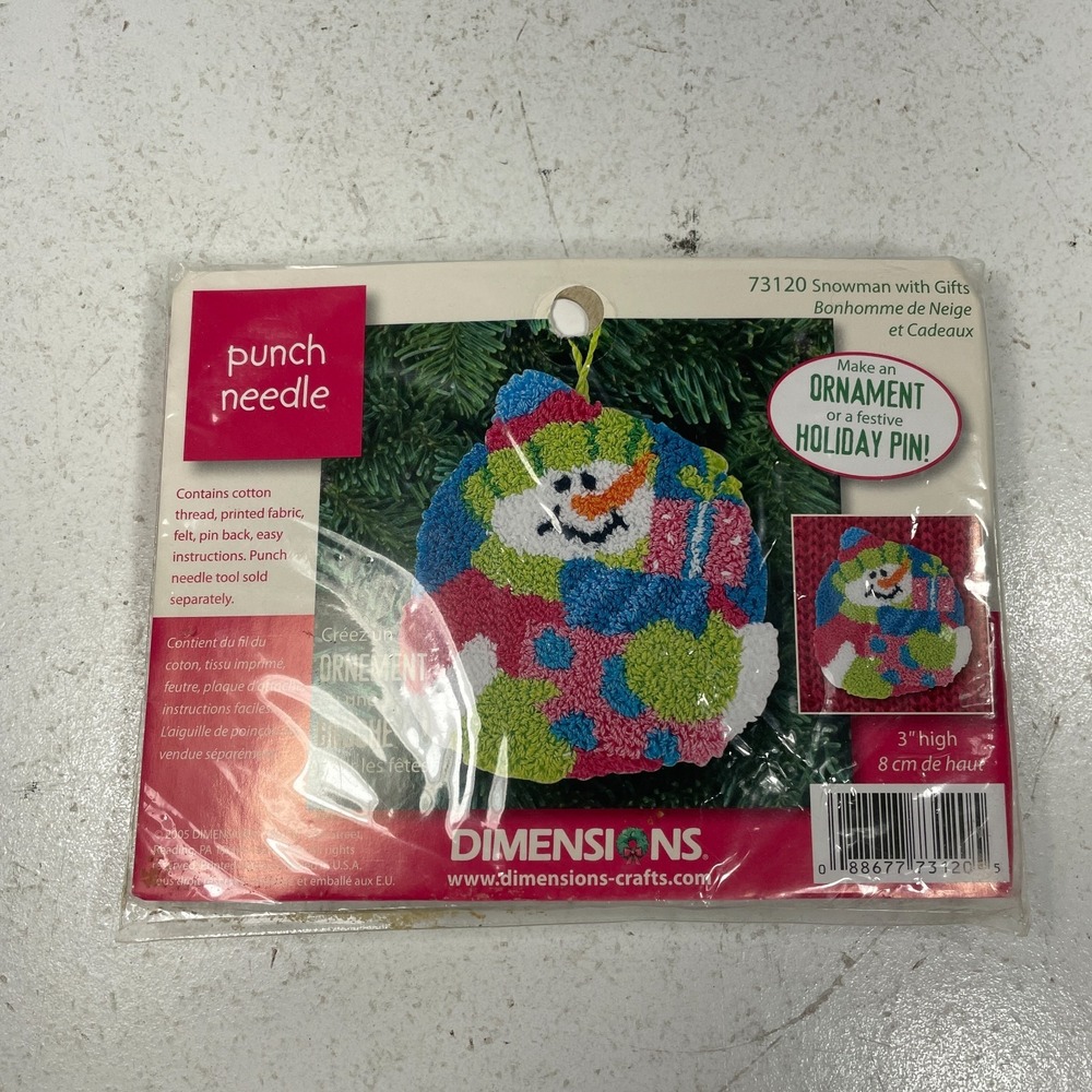 Dimensions Punch Needle Kit Christmas Snowman With Gifts 3" Tree Ornament Pin